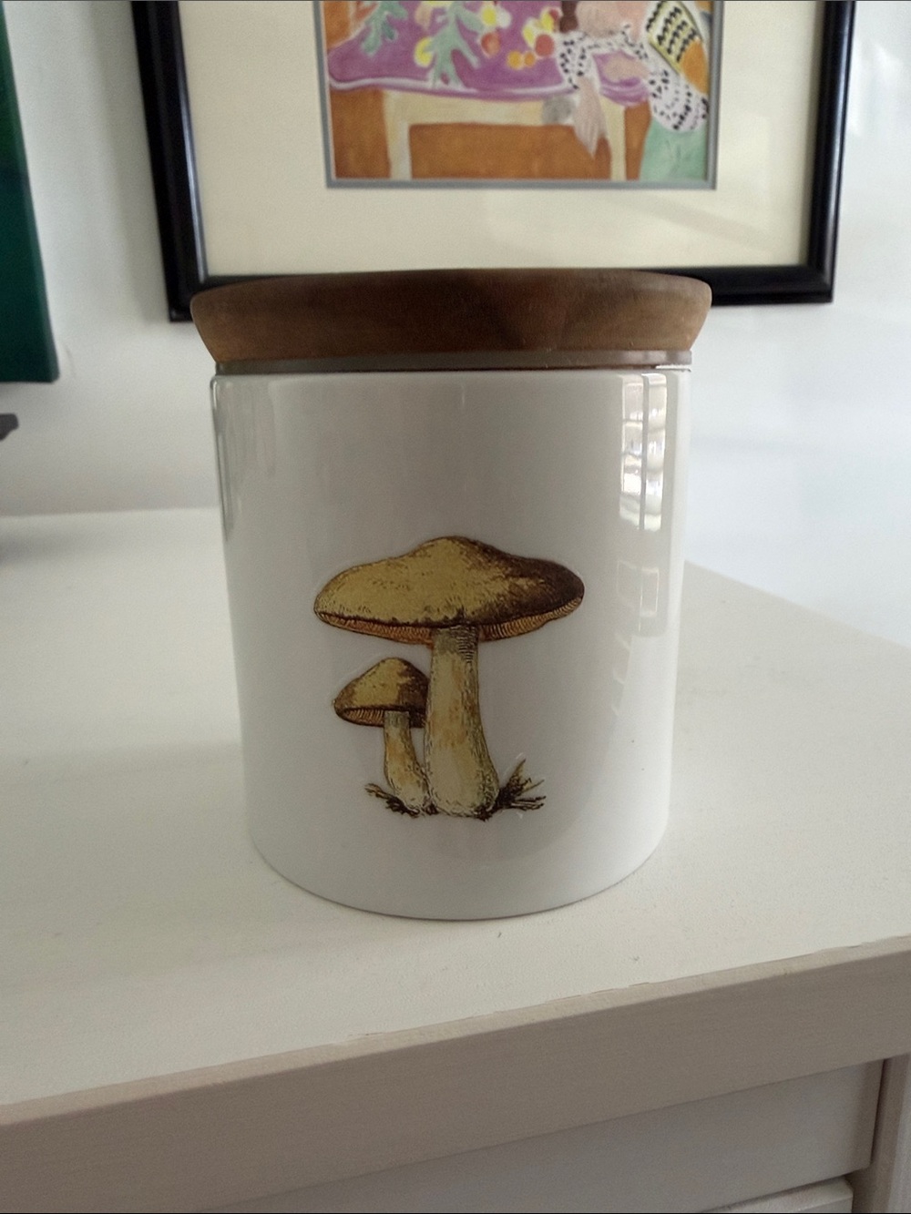 White Ceramic Kitchen Canister with Brown Mushroom Graphic and Wood Lid